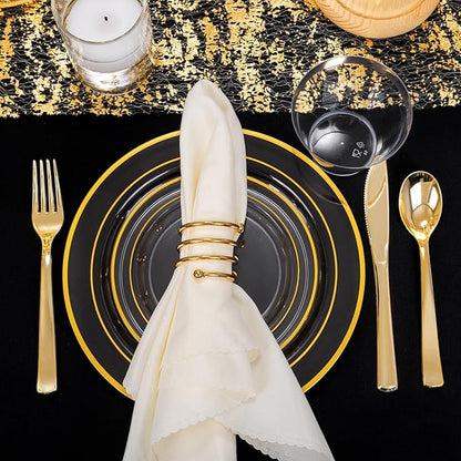 WELLIFE 600pc Gold Trim Plastic Dinnerware Set for Party: 100 Dinner Plates, 100 Dessert Plates, 300 Cutlery, 100 cups