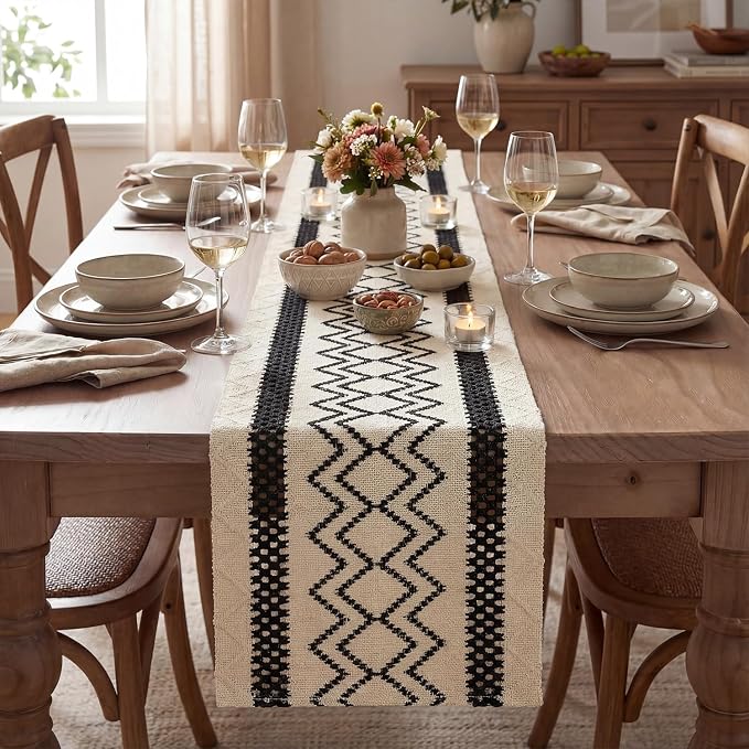 Artoid Mode Black Stripe Diamond Woven Table Runner 12x120 Inch | Holiday - Image 2