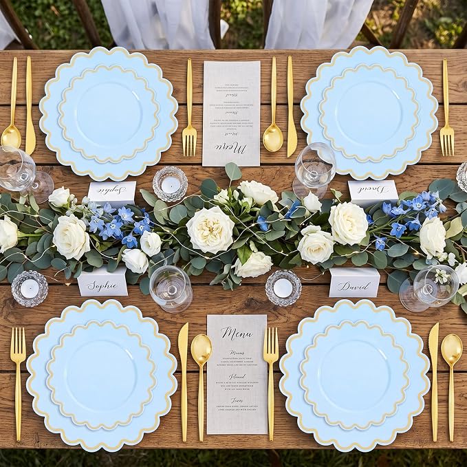 LIYH 100 Pcs Baby Blue Plastic Plates, Wide Gold Scalloped Edge - Image 7