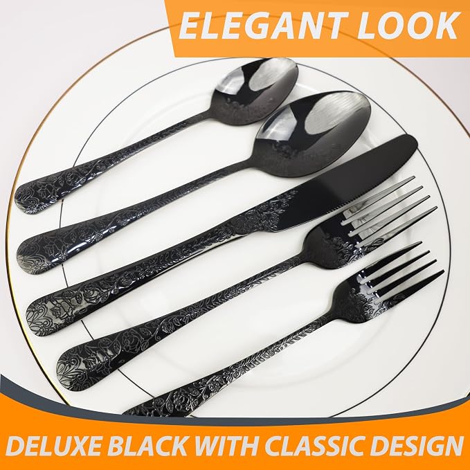 Runfly Modern Carved Floral Black Stainless Steel 20-Piece Flatware Set | - Image 5