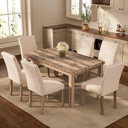 Morden Fort Rustic Dining Table Set for 6, Farmhouse Kitchen Dining Chairs for 6, Charming 60" Rectangular Wooden Table&6 Upholstered Chair with Nailhead Accents for Dining Hub,Breakfast Nook