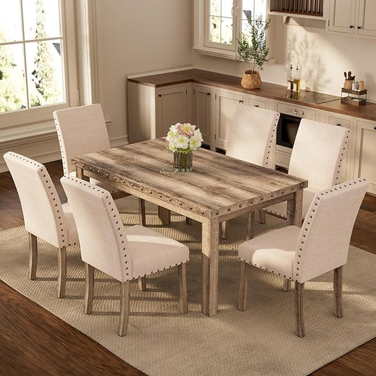 Morden Fort Rustic Dining Table Set for 6, Farmhouse Kitchen Dining Chairs for 6, Charming 60" Rectangular Wooden Table&6 Upholstered Chair with Nailhead Accents for Dining Hub,Breakfast Nook