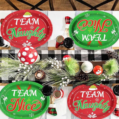 50Pcs Christmas Oval Paper Plates Team Naughty Team Nice Party Decorations 10" x 12" Large Disposable Heavy Duty 400GSM Red and Green Christmas Dinner Plates for Xmas Holiday Cocktail Party Supplies