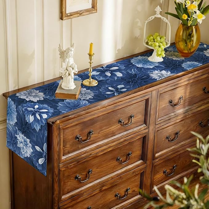 Navy Blue Dahlia Flower Summer Table Runner Blue Gray Burlap Table Runners - Image 5