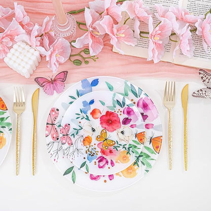 DaYammi 20Pcs Plastic Plates with Watercolor Floral-Disposable Plates Heavy duty Watercolor Floral & Butterfly Plastic Plate 10.25in Dinner plates and 7.5in Dessert plates for Valentine's Day Party