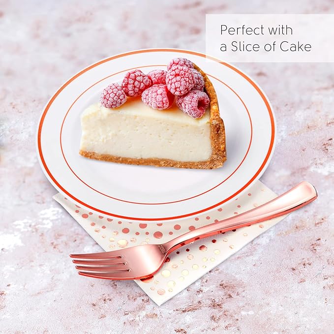 Stylish Rose Gold Dessert Plates, Forks and Cocktail Napkins (100 Set), 7.5 Inch Appetizer Plates or Salad Plates, Wedding Cake Plates, Disposable Plates for Wedding with Rose Gold Napkins