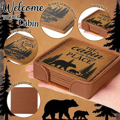 Rustic Cabin Bear Artificial Leather Coasters Set of 6 - Image 3