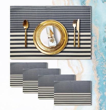 Placemats Set of 4 Vinyl Washable Navy Blue Placemats, 18"x12" Wipeable Heat-Resistant Non-Slip Easy Clean Table Mats Ideal for Dining Table Table Runner and Outdoor (4, Dark Blue Stripe)