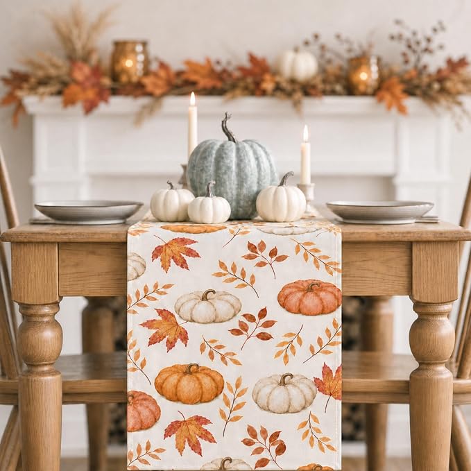 Orange Pumpkins Maple Leaves Table Runner, 13 x 72 Inch, Thanksgiving | - Image 2