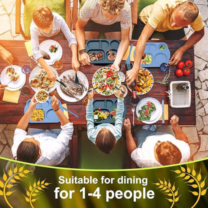 Tanlade 24 Pcs Wheat Straw Dinnerware Cutlery Sets, Divided Plates Unbreakable Bowl Microwave Dishwasher Safe Tableware Cutlery Spoon Knife Fork Cup(Dark Blue, Dark Green, Blue, Green)
