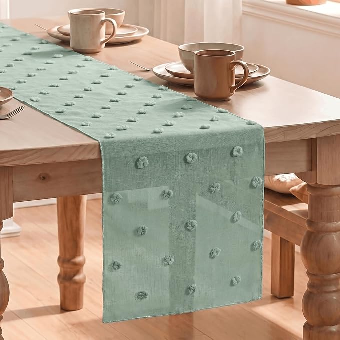Artoid Mode Sage Green Pom Pom Tulle Table Runner, Seasonal Spring Washable by ArtoidMode