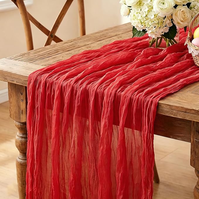 Red Cheesecloth Table Runner, 10FT Rustic Christmas Red Boho Gauze Table Runner by Miucat