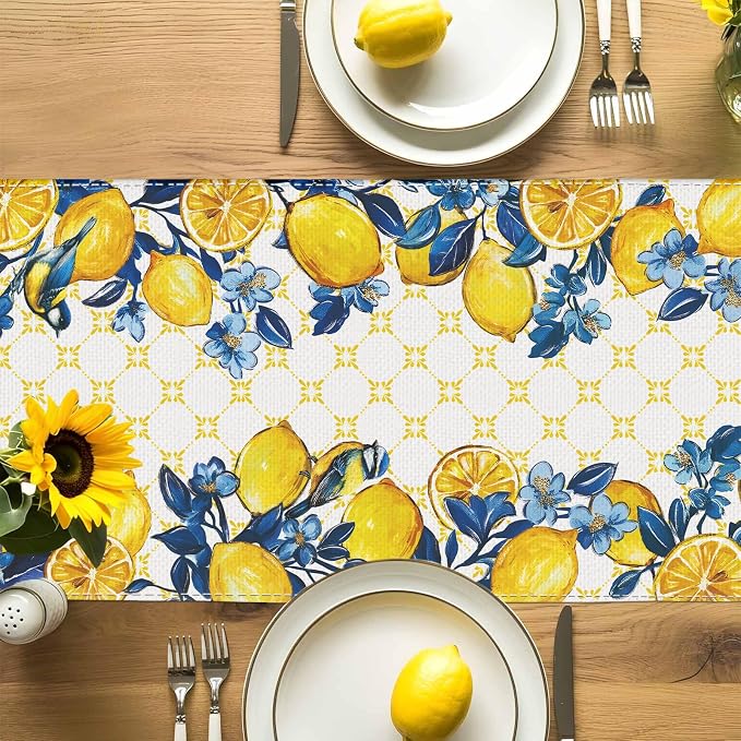 Summer Lemon Bird Table Runner Spring Blue Flowers Burlap Table Runners - Image 7