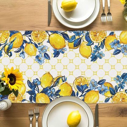 Summer Lemon Bird Table Runner Spring Blue Flowers Burlap Table Runners - Image 7