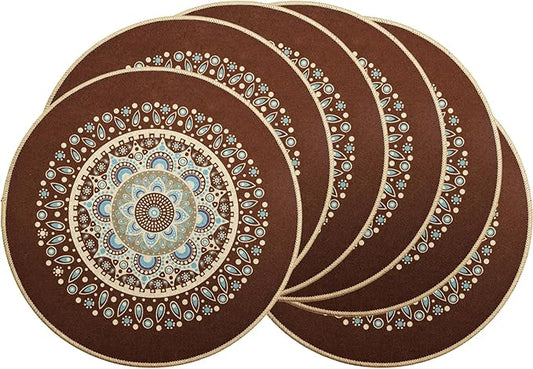 PIGCHCY Round Boho Placemats Set of 6, Rubber Heat Resistant Placemat, Waterproof Washable Table Mats for Dining Table Decoration (Brown)