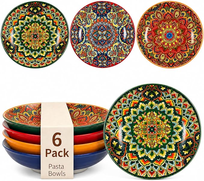 32 oz Pasta Bowls Set of 6, Large Ceramic Colorful Deep Plates, Bohemian Style by Unknown