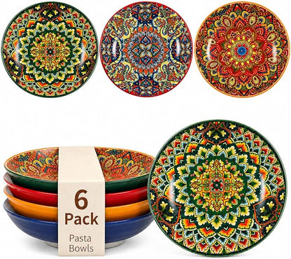 32 oz Pasta Bowls Set of 6, Large Ceramic Colorful Deep Plates, Bohemian Style by Unknown