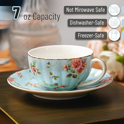 BTaT- Floral Tea Cups and Saucers Set of 6, Porcelain Tea Cups Set of 6 - Image 3