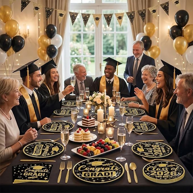 100 Pcs Graduation Party Supplies Set, Serves 25 – Disposable Black and Gold - Image 4