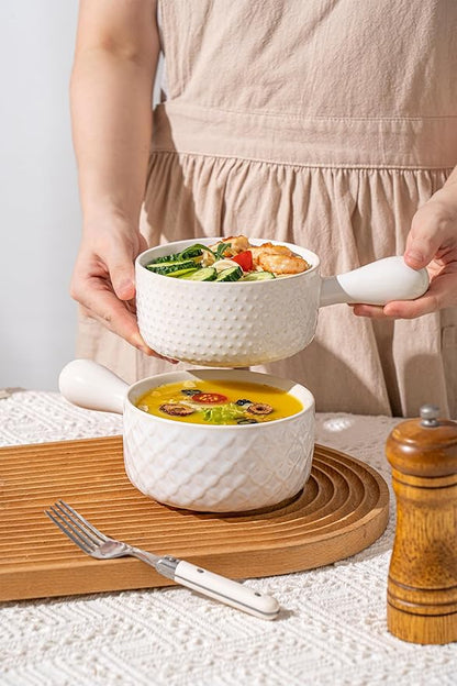 20oz Ceramic Soup Bowls with Handle, Set of 4,Textured Embossed Stoneware for Chili, Stew, Cereal,Microwave & Dishwasher Safe, Rustic Dinner Bowls for Home Kitchen