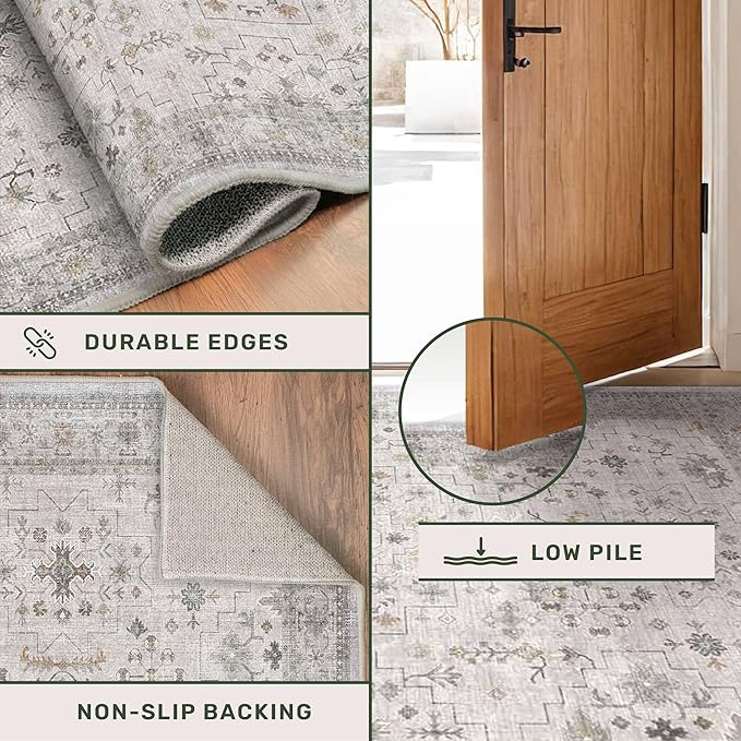 Light Grey 2x5 Boho Bathroom Runner Rug - Modern Eclectic Floral Pastel Neutral Taupe, Washable Low Pile Non-Slip Runner Rugs for Laundry Room, Kitchen, Door Mat Indoor Entrance, Bedroom Beside Bed