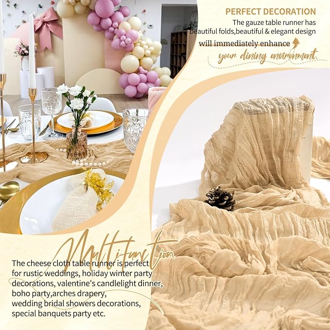 Showgeous 2 Pack Nude Cheesecloth Table Runners Boho Wedding Decor | Rustic - Image 6