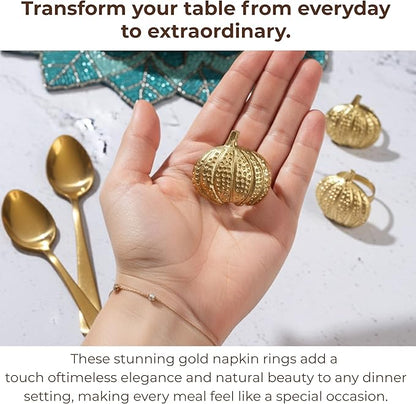 CLEENTABLE Napkin Rings Set of 12 - Pumpkin Elegant Napkin Holders Modern Serviette Buckles Metallic Adornment for Table Settings for Thanksgiving, Fall, Halloween & Holiday (Antique Gold)