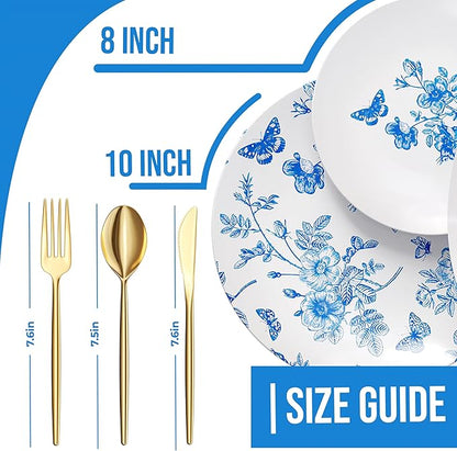 Trendables Fancy Plastic Dinnerware Sets 100 Pc Set 20 Guests Gold Silverware Disposable 20 X 10 Inch Charger Plates 20 X 8 Inch Dessert Plates 20 x Gold Plastic Forks and Spoons Knives In Botanical