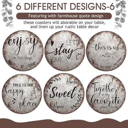 Queekay Coasters Set of 6 House Warming Gifts New Home Wooden Farmhouse Drink - Image 4