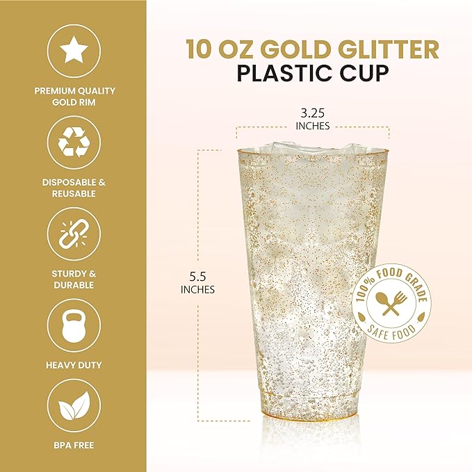 R-kay 16 oz Gold Glitter Plastic Cups For Party - 50 Pack Gold Plastic Cups - Hard Disposable Cups - Premium Heavy Duty Gold Cups - Disposable Cocktail Glasses - Party Cups (50 Pack, 16, ounces)