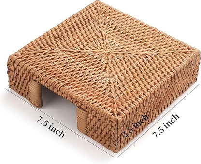 Rattan Napkin Holder Square, Wicker Napkin Basket for Kitchen, Flat Napkin Holders for Paper Napkins, Woven Luncheon Napkin Holder for Table (7.5 x 7.5 x 2.5 inch)