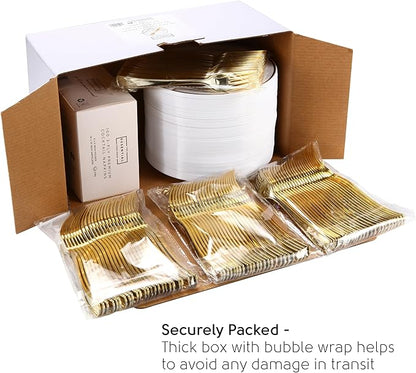 The Essential Concierge 100 Stylish Gold Dessert Plates, Forks and Cocktail Napkins - 7.5 Inch Wedding Cake Plates for Events including Wedding Reception, Parties or Showers