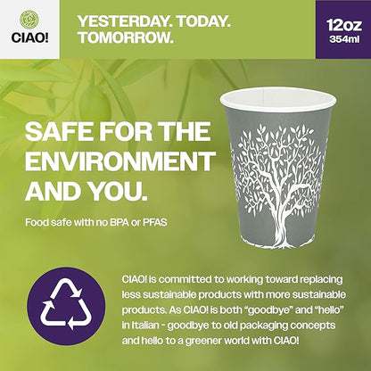 CIAO! 12oz Paper Hot Cup, Rooted Olive Print, (Case of 1,000)