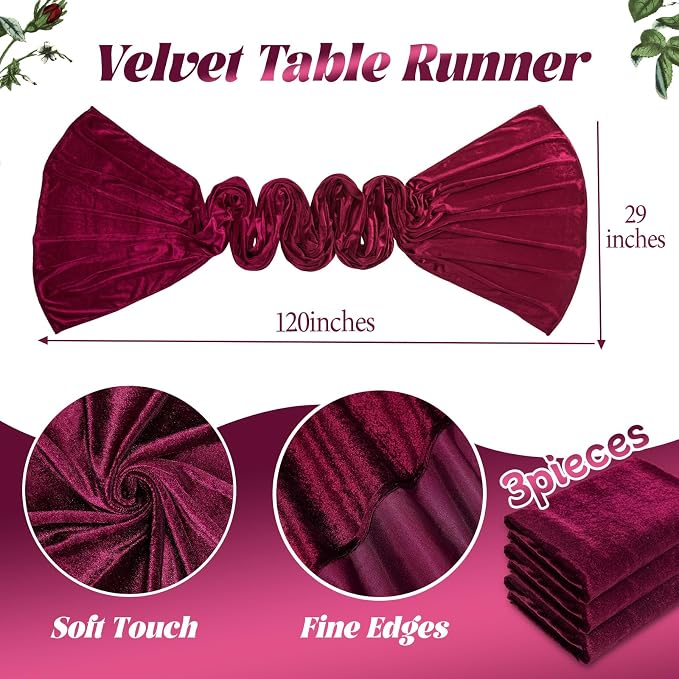 Burgundy Velvet Table Runner 29x120 Inch Luxury Retro Christmas Runners | 3 - Image 4