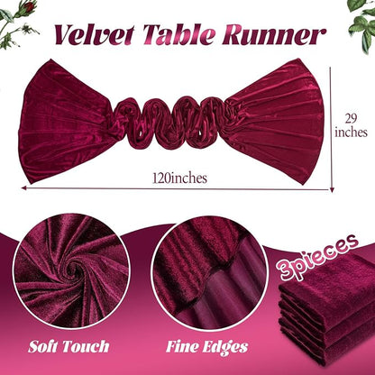 Burgundy Velvet Table Runner 29x120 Inch Luxury Retro Christmas Runners | 3 - Image 4