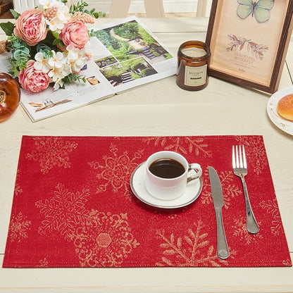 Cloth Place Mats Set of 8–Reusable Rectangular Waterproof Fabric Polyester Washable Wipeable Heat Resistant Jacquard Sparkling Metallic Snowflake for Kitchen Table(Red Gold/13x19 Inch)