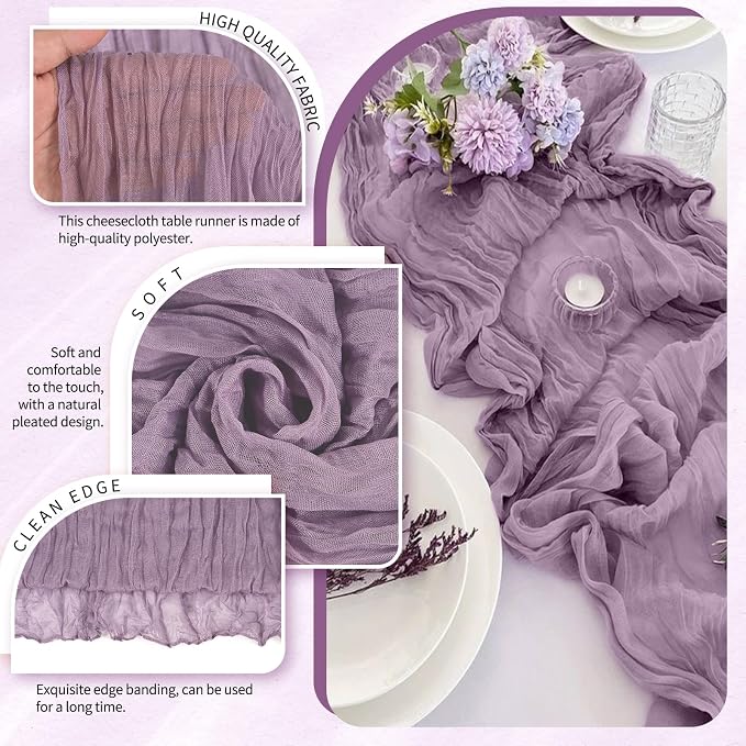 Showgeous 2 Pack Purple Cheesecloth Table Runners Boho Wedding Decor | Rustic - Image 3