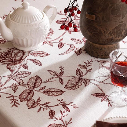 ISAENNE Designer Vintage Linen Small Square Tablecloth,Red Floral Pattern Linen Stain Resistant Table Cloth,Decor Tablecloths for Dining Thanksgiving Kitchen Tea Party,55"*55"-Harmony
