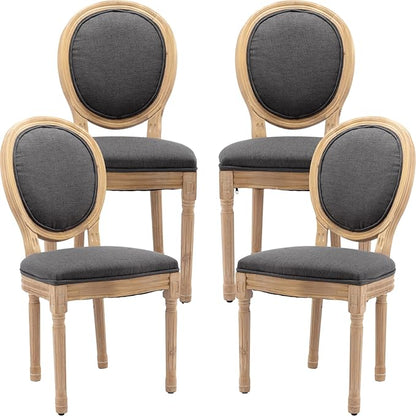 Vintage French Dining Chairs Set of 4, Round Back Accent Chairs with Linen Seat and Solid Wood Frame, Farmhouse Sillas de Comedor Upholstered for Dining Room & Kitchen, Gray