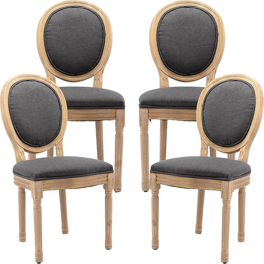 Vintage French Dining Chairs Set of 4, Round Back Accent Chairs with Linen Seat and Solid Wood Frame, Farmhouse Sillas de Comedor Upholstered for Dining Room & Kitchen, Gray