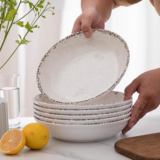 Rustic White Melamine Pasta Bowls, 6 Pack 9.25 inch Serving Bowls, Wide and - Image 4