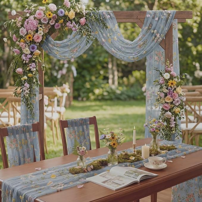 Blue Floral Table Runner 10ft Embroidery Tulle Spring Wildflower Table Runner - Image 3