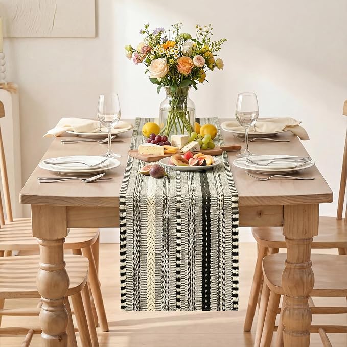 Artoid Mode Black Farmhouse Stripe Braided Table Runner 12x108 Inch | Holiday - Image 2