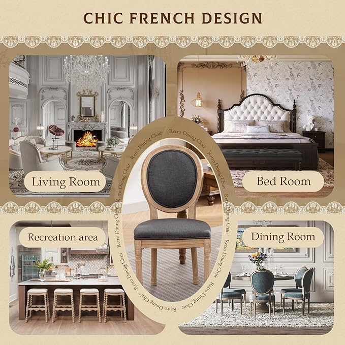 SoarFlash French Dining Chairs Set of 6, Vantage Dining Chair with Round Back, Farmhouse Country Dining Chair for Kitchen,Bedroom,Deep Grey