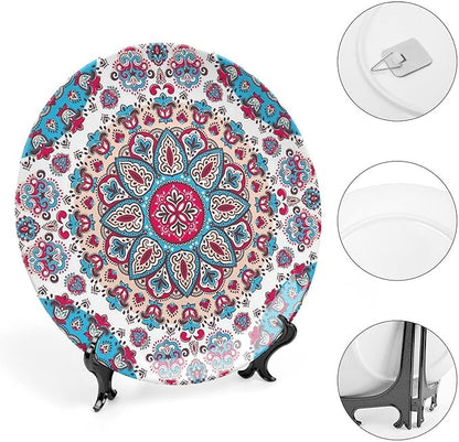 XISUNYA 7 Inch Decorative Plate, Boho Tableware Plate, Henna Style Floral Circles Paisley Retro Kaleidoscope Print Ceramic Wall Hanging for Home Office Party Dinner Table Decor