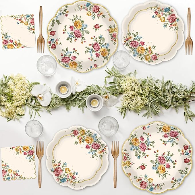 96 Pieces Vintage Floral Tableware Set – Disposable Paper Plates, and Forks - Image 6