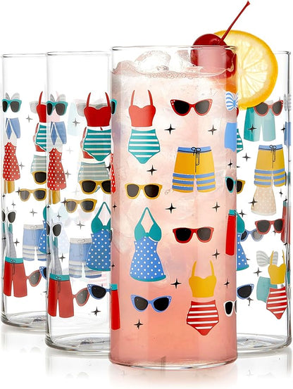 Libbey Vintage Swim Drinking Glasses Set of 4, Retro Swimsuits Design Glass by Libbey
