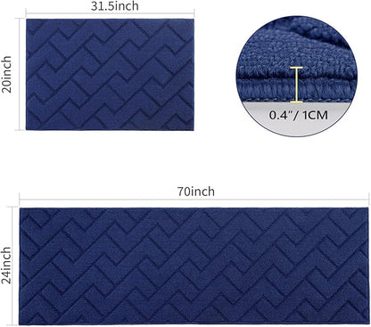 hicorfe Kitchen Rugs and Mats Sets,2 Pieces Super Absorbent Polypropylene Non-Slip Rug,Soft Comfort Floor Mat,Washable for Kitchen,Hallway,Office,Sink,Laundry(20" x 32"+24" x 71",Navy Blue)