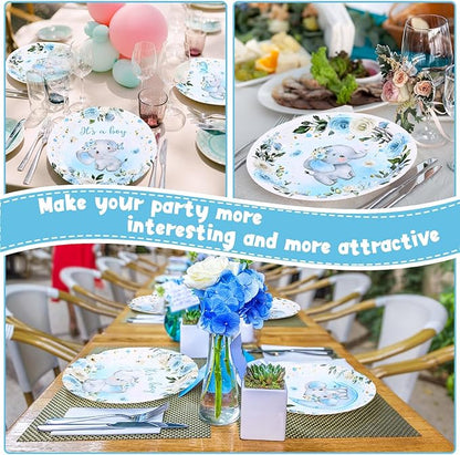 60 Pcs 7 Inch Elephant Baby Shower Paper Plates It's a Boy Shower Decorations Tableware Baby Gender Reveal Plates It's a Boy Party Supplies for Blue Floral Elephant Party