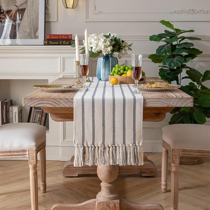 Caflife Boho Table Runner 108 Inchs Long Brown and Beige, Cotton and Linen Woven - Image 6